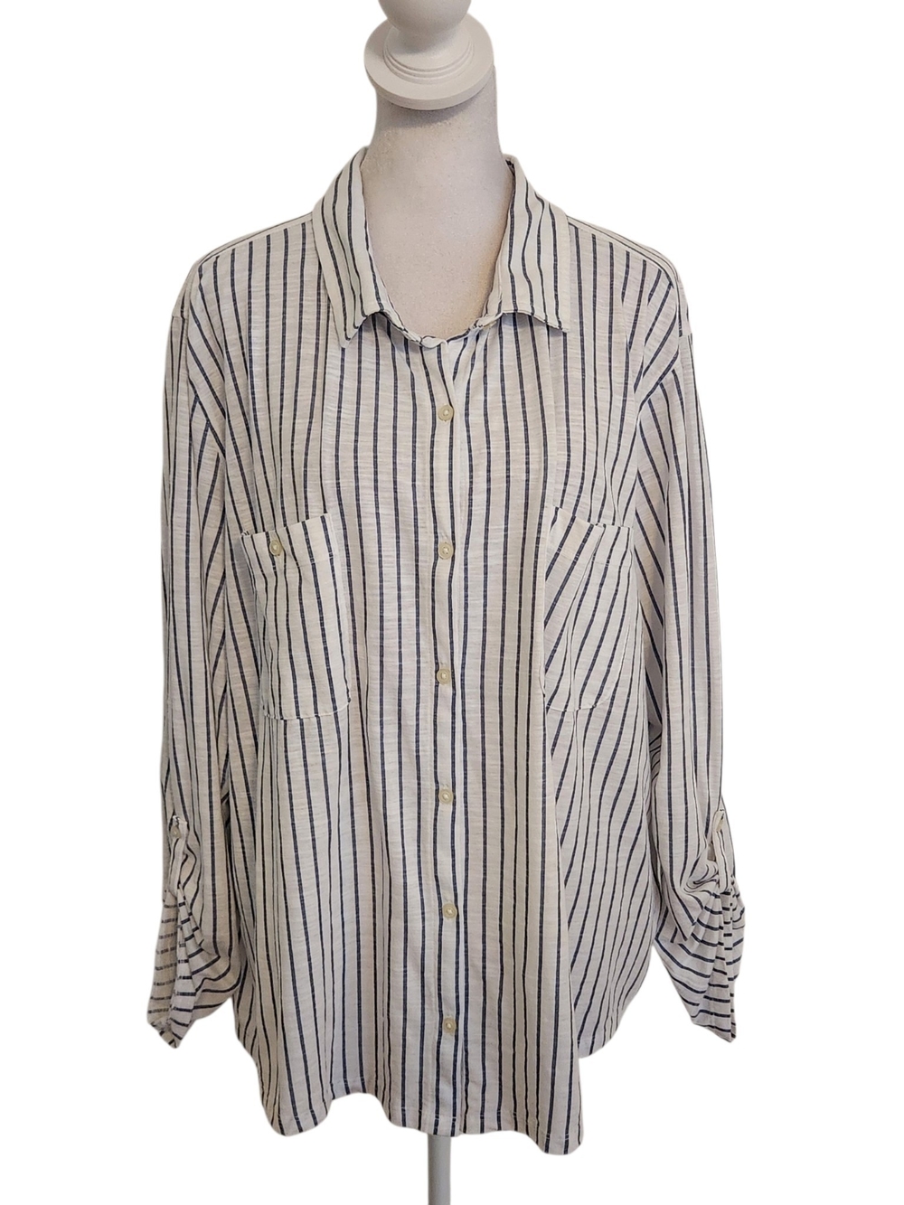 Lucky Brand White and Slate Blue Stripe Knit Button Up Top Size XL